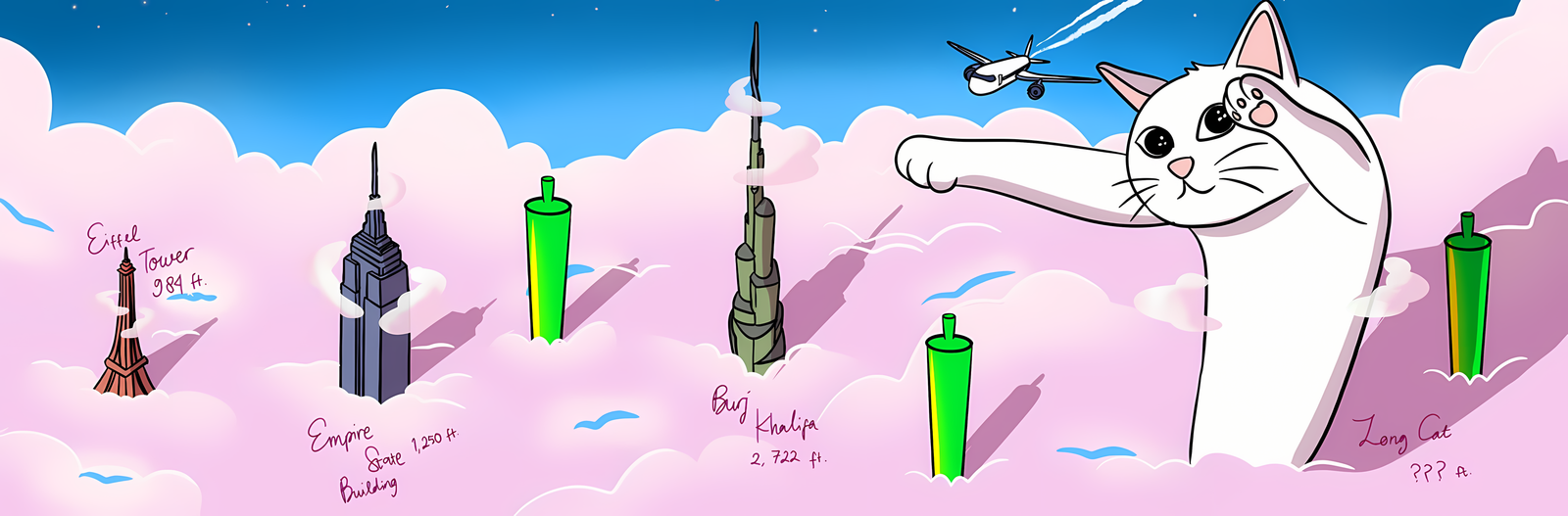 Longcat measured against the Eiffel Tower, Empire State Building, and Burj Khalifa — still off the chart